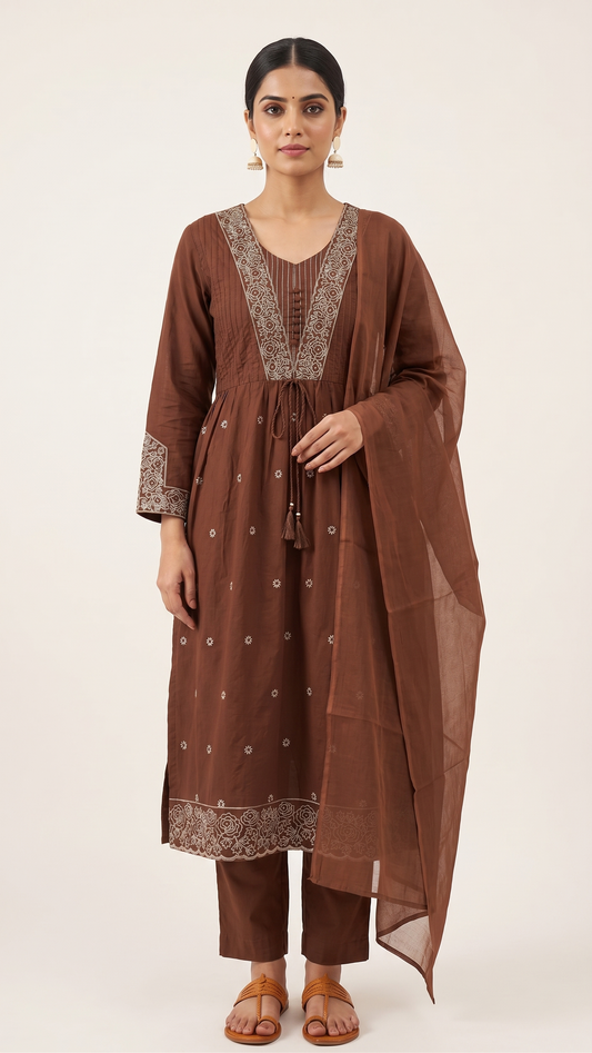 Chocolate Brown Mul Cotton A-Line Kurta Set with Thread Work & Dupatta – 3 Piece Set