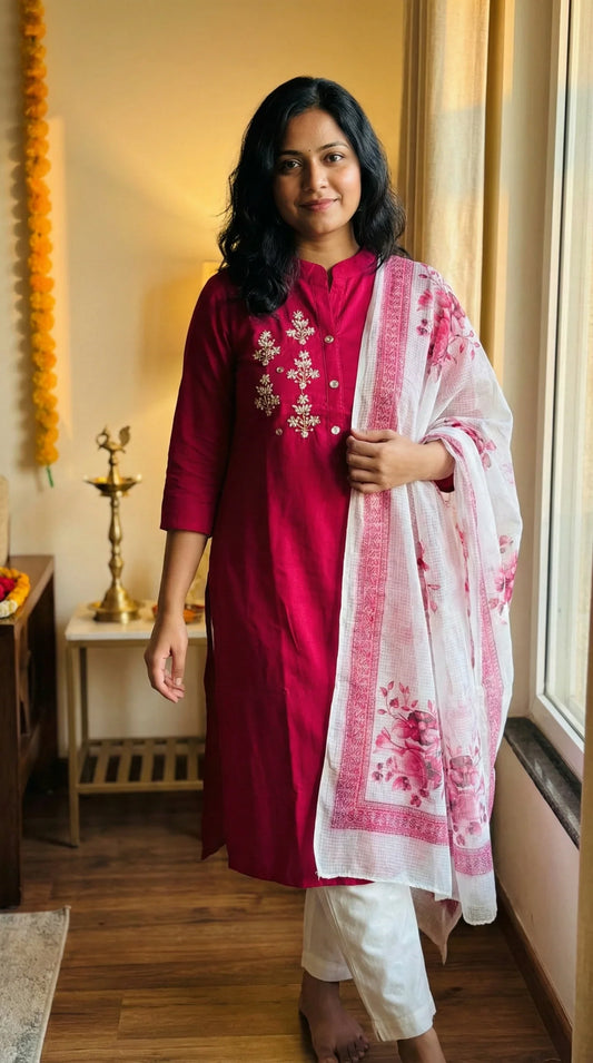 Woman in maroon kurti with floral embroidery, white floral dupatta, and white pants indoors