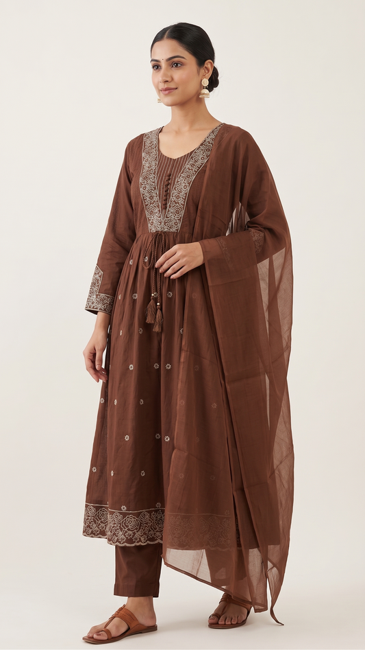 Chocolate Brown Mul Cotton A-Line Kurta Set with Thread Work & Dupatta – 3 Piece Set