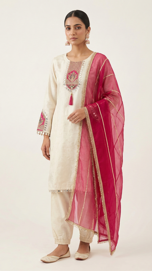 Ivory Jacquard Kurta Set with Patch Work & Organza Gota Dupatta – 3 Piece Festive Ethnic Wear