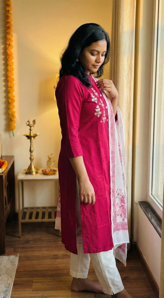 Woman in a pink kurti with white floral embroidery, standing by a window in festive home decor.