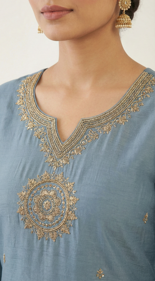 Dusty Blue Mul Chanderi Silk Kurta Set with Handwork Embroidery & Banarasi Dupatta – Designer Festive Wear for Women