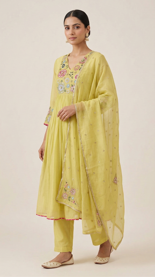 Lemon Yellow Mul Chanderi A-Line Kurta Set with Floral Thread Work & Dupatta – 3 Piece Ethnic Wear