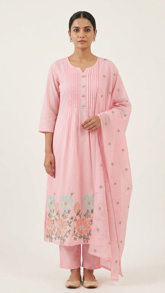 Blush Pink Mul Chanderi A-Line Kurta Set with Embroidery – 3 Piece Set