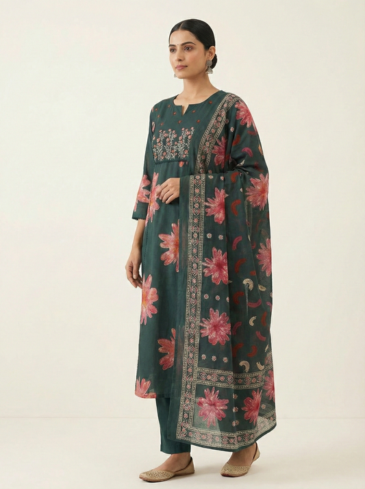 Dark Green Floral Print Pure Cotton Kurta Set with Embroidered Neck & Dupatta – 3 Piece Ethnic Wear