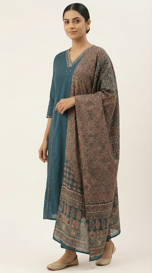 Teal Pure Cotton Kurta Set with V-Neck & Ajrak Print Dupatta – Pocket Design Ethnic Wear for Women