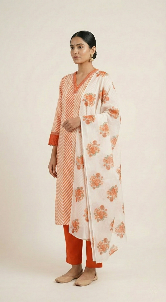 Chevron A-Line Cotton Kurta Set with Printed Dupatta