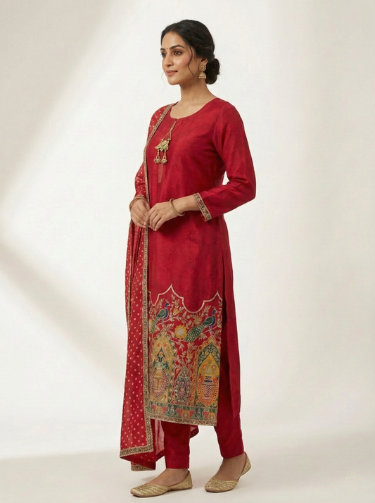 Royal Red Jacquard Kurta Set with Peacock Heritage Border & Bandhej Dupatta – Festive Designer Ethnic Wear