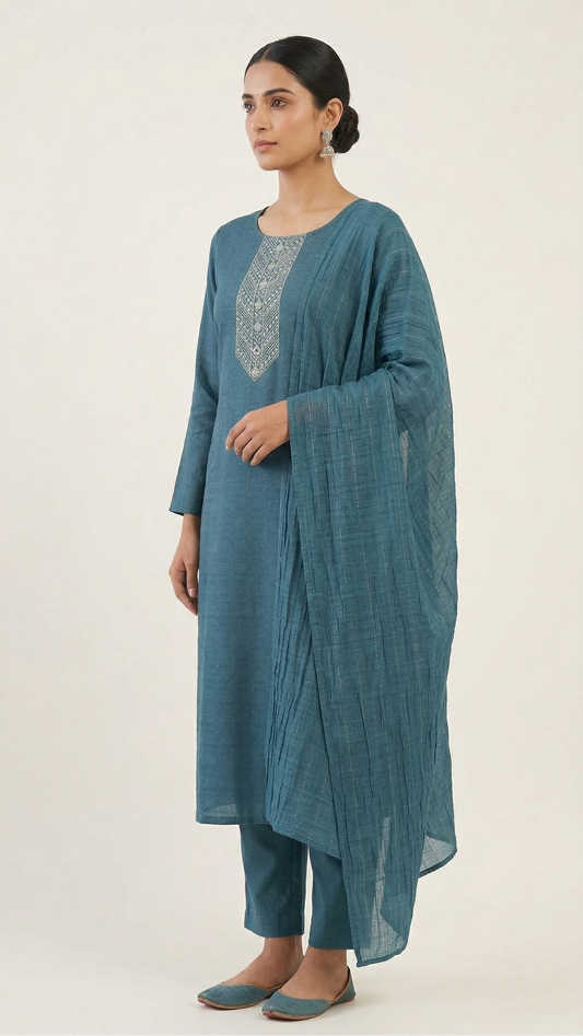 Teal Thread Work Kurta Set in Premium Synthetic Blend – 3 Piece Ethnic Wear for Women