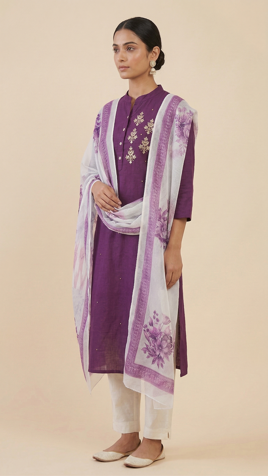 Purple Semi Cotton Kurta Set with Cut Dana Handwork & Contrast Dupatta – 3 Piece Ethnic Wear