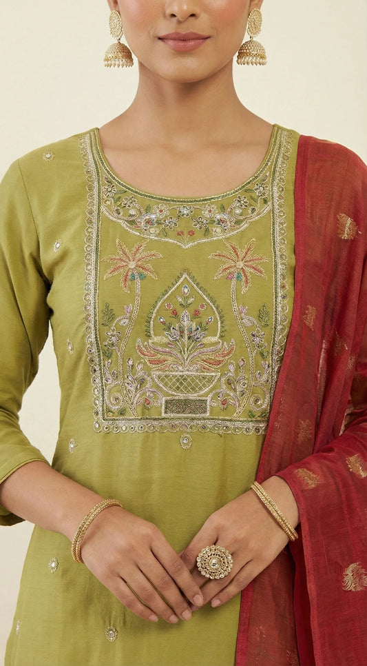 Olive Green Mul Cotton Kurta Set with Threadwork Neck & Banarasi Dupatta – Festive Ethnic Wear for Women