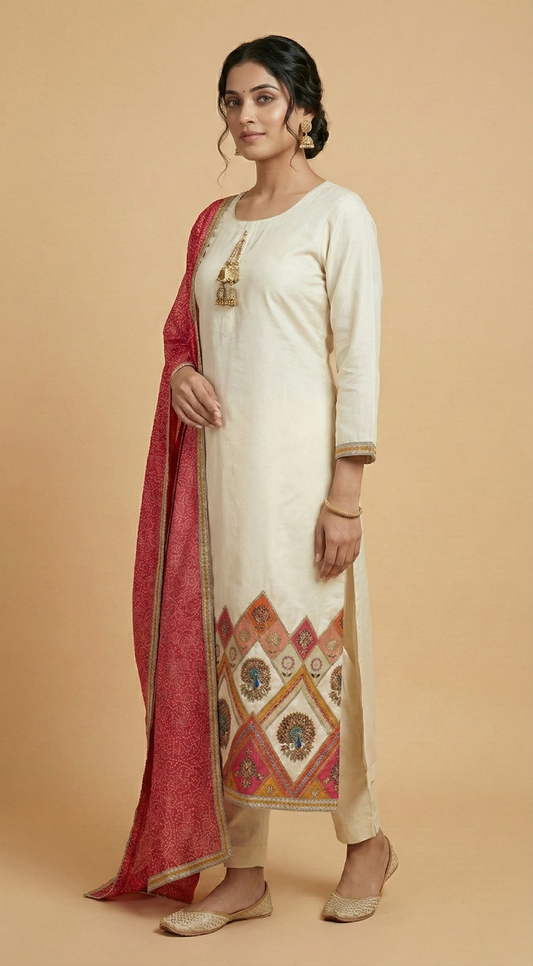 Ivory Jacquard Kurta Set with Royal Mosaic Border & Bandhej Dupatta – Festive Designer Ethnic Wear for Women