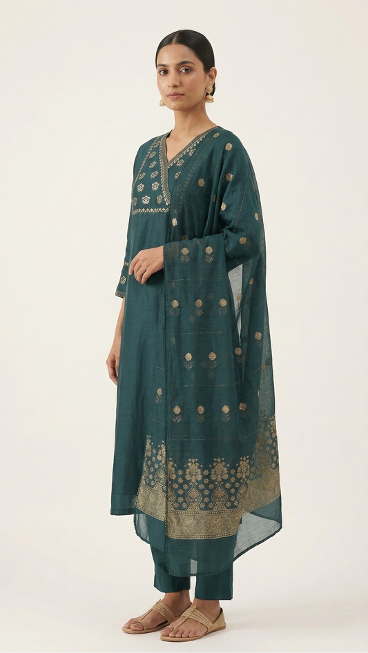 Teal Cotton Silk Kurta Set with Zari Neck & Sleeve Work and Banarasi Dupatta – 3 Piece Festive Wear