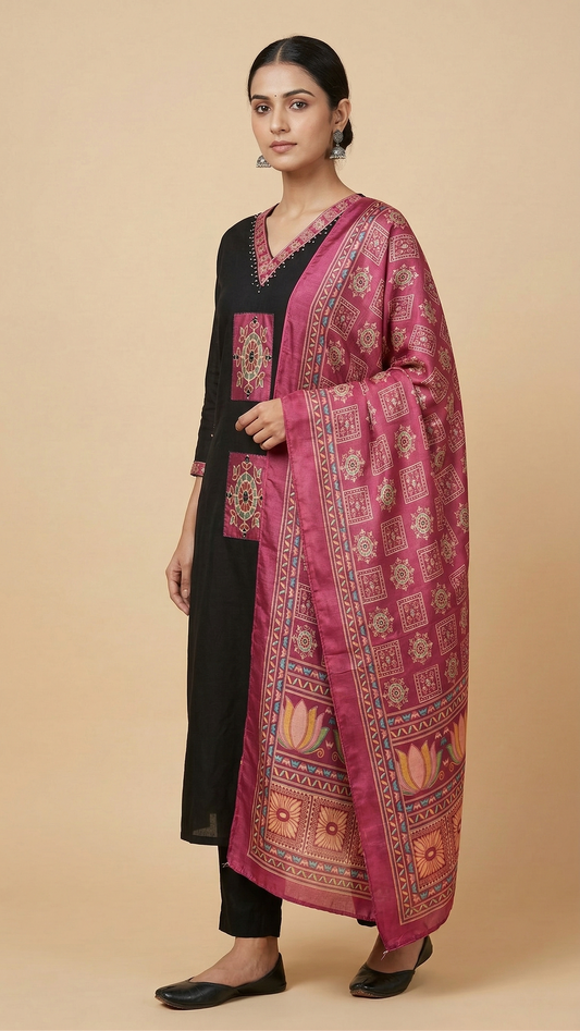 Black Synthetic Blend Kurta Set with Patch Work & Ajrak Print Dupatta – 3 Piece Ethnic Wear