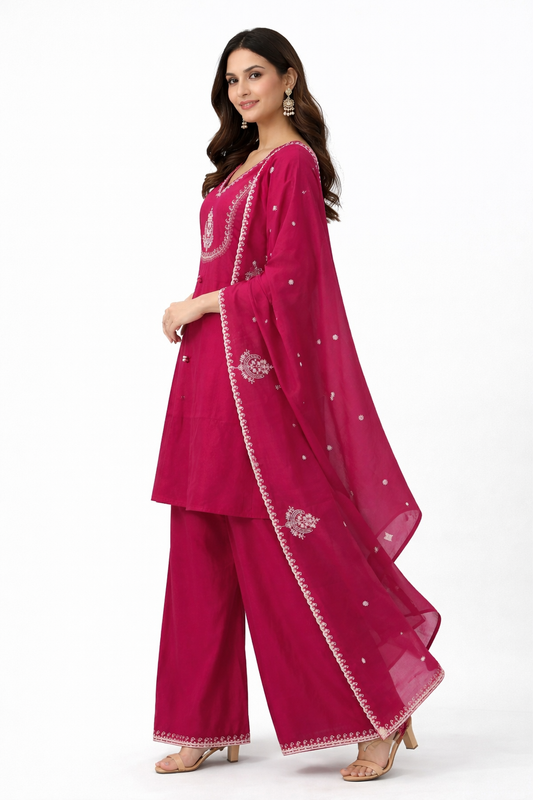 Rani Pink Silk Short Kurti Set with Divider, Pitha Work & Silk Dupatta – 3 Piece Festive Wear