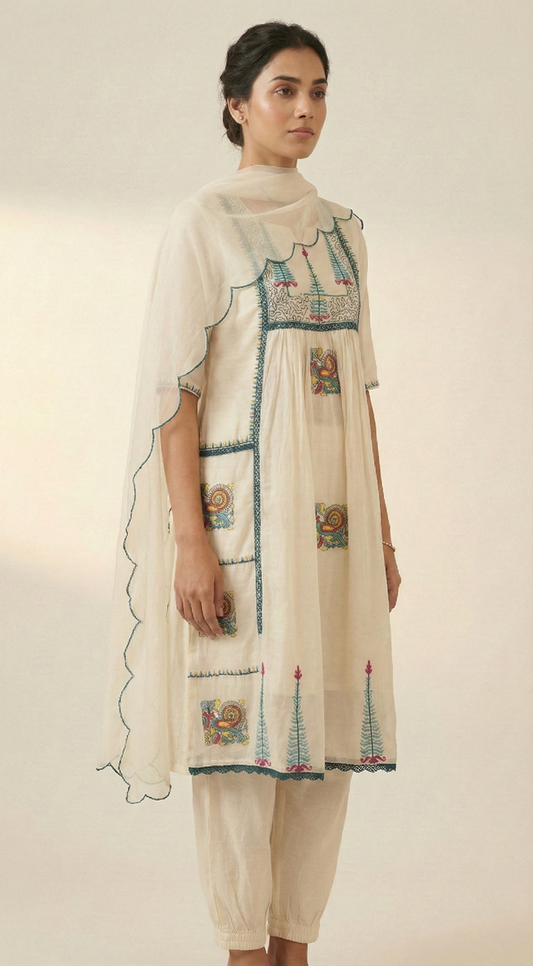Off-White Mul Cotton Embroidered Kurta Set with Cotton Dupatta – Handcrafted Ethnic Wear for Women