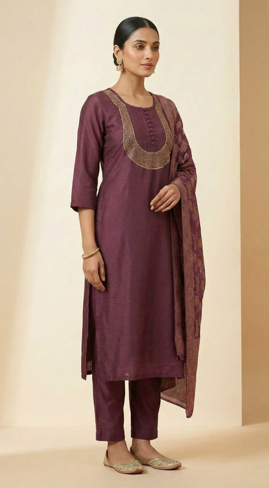 Wine Semur Silk Kurta Set with Zari Neck Work & Banarasi Dupatta – Elegant Festive Ethnic Wear for Women