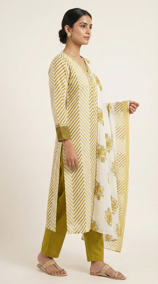 Mustard Zig Zag Print Pure Cotton Kurta Set with Floral Dupatta – Embroidered V-Neck Ethnic Wear