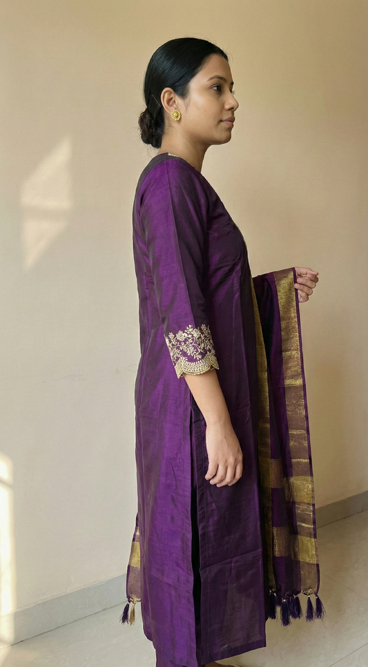 Purple Angrakha Chanderi Silk Kurti Set | Gold Embroidery V-Neck & Sleeves | Traditional Asymmetric Design | 3-Piece Festive Suit