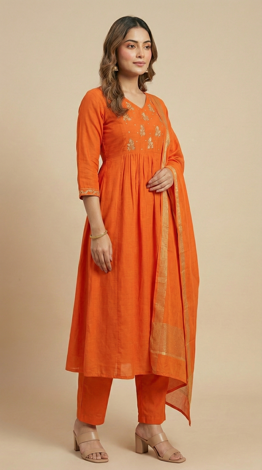 Orange Mul Chanderi Anarkali Kurta Set with Handworked Neck & Banarasi Dupatta – Boutique Festive Wear