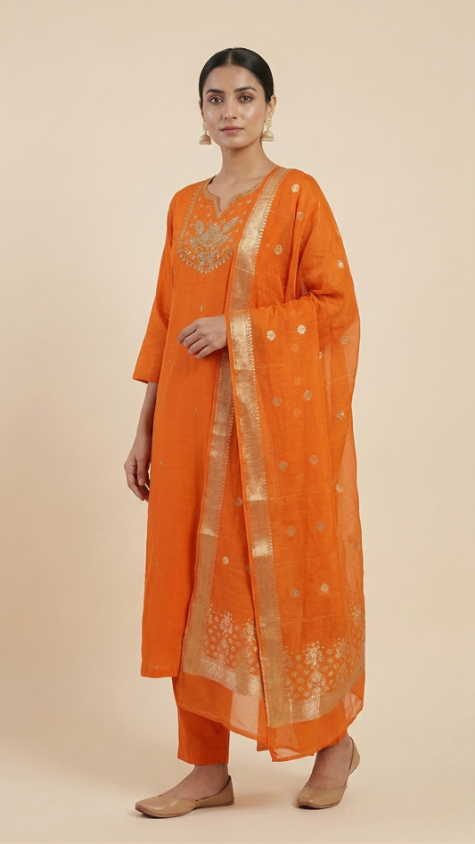 Orange Cotton Kurta Set with Handworked Neck & Banarasi Dupatta – 3 Piece Festive Ethnic Wear