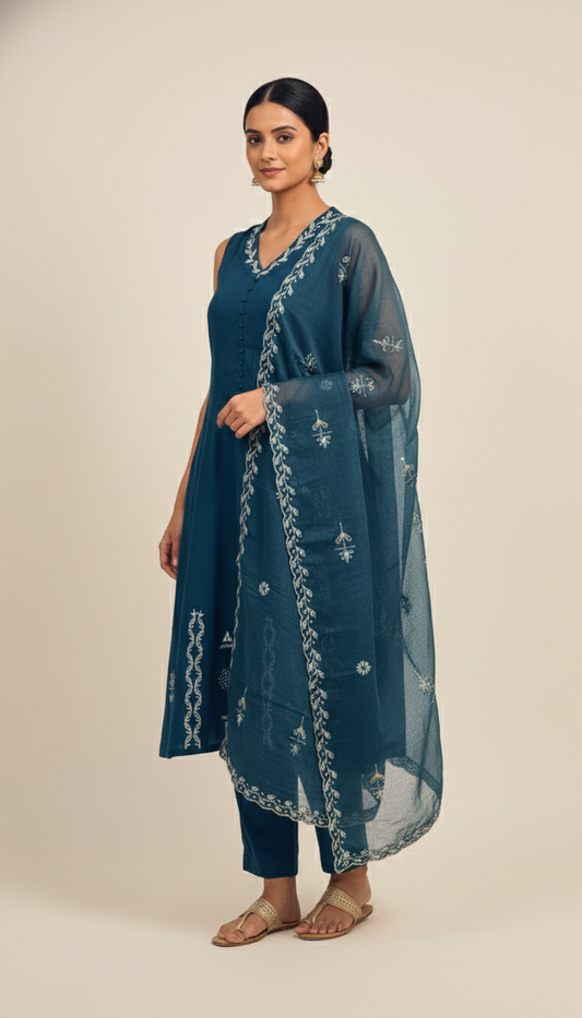 Teal Embroidered Short Kurti Set with Palazzo Pants & Embroidery Dupatta – 3 Piece Ethnic Wear