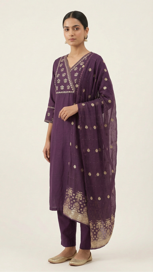 Deep Purple Cotton Silk Kurta Set with Zari Neck & Sleeve Work and Banarasi Dupatta – 3 Piece Festive Wear