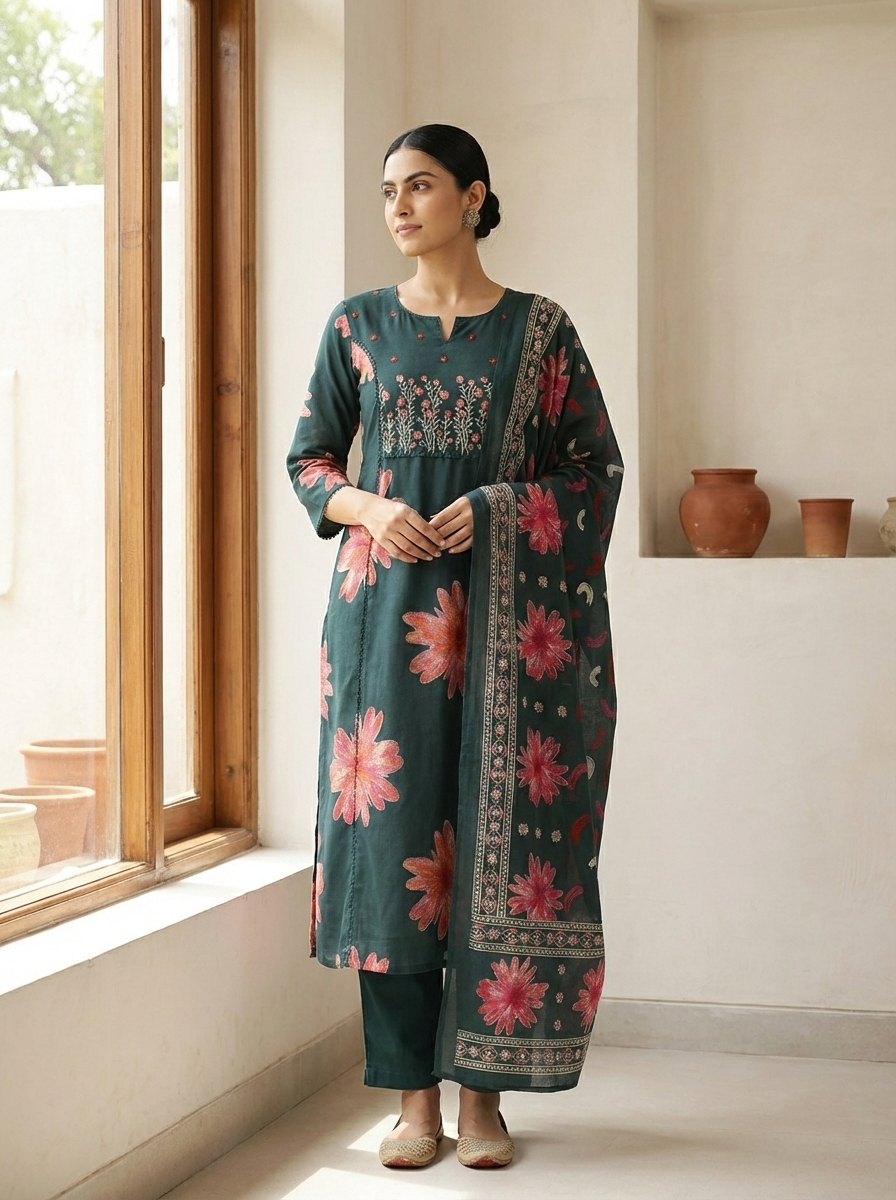 Dark Green Floral Print Pure Cotton Kurta Set with Embroidered Neck & Dupatta – 3 Piece Ethnic Wear