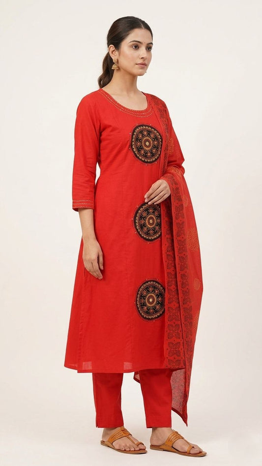 Red Dabu Print Cotton A-Line Kurta Set with Printed Dupatta – 3 Piece Set