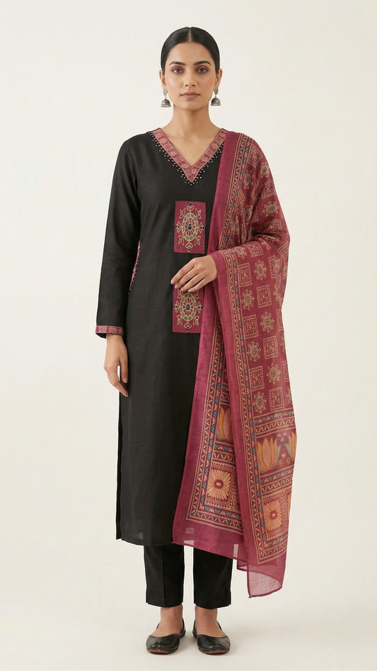 Black Synthetic Blend Kurta Set with Patch Work & Ajrak Print Dupatta – 3 Piece Ethnic Wear
