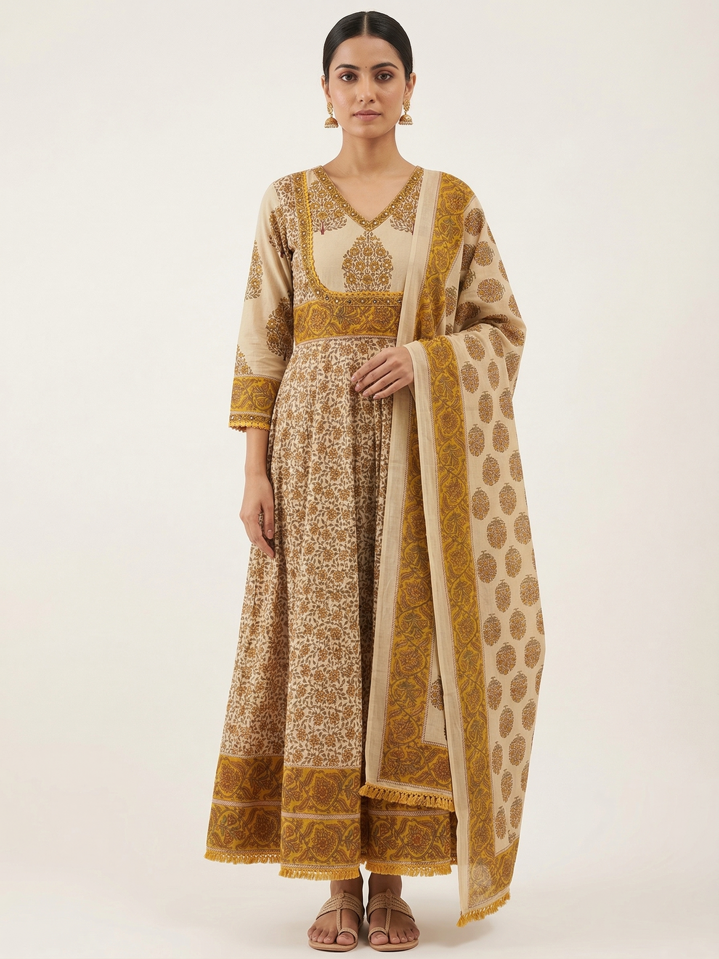 Beige & Mustard Jaipuri Cotton Anarkali Kurta Set with Printed Dupatta – Frock Style 3 Piece Set
