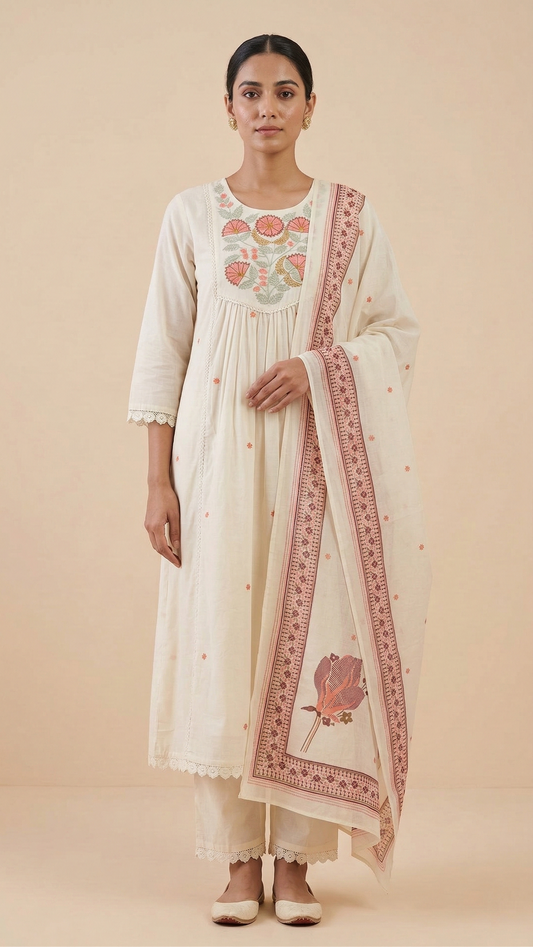 Ivory Mul Cotton Kurta Set with Floral Thread Work & Printed Cotton Dupatta – 3 Piece Ethnic Wear