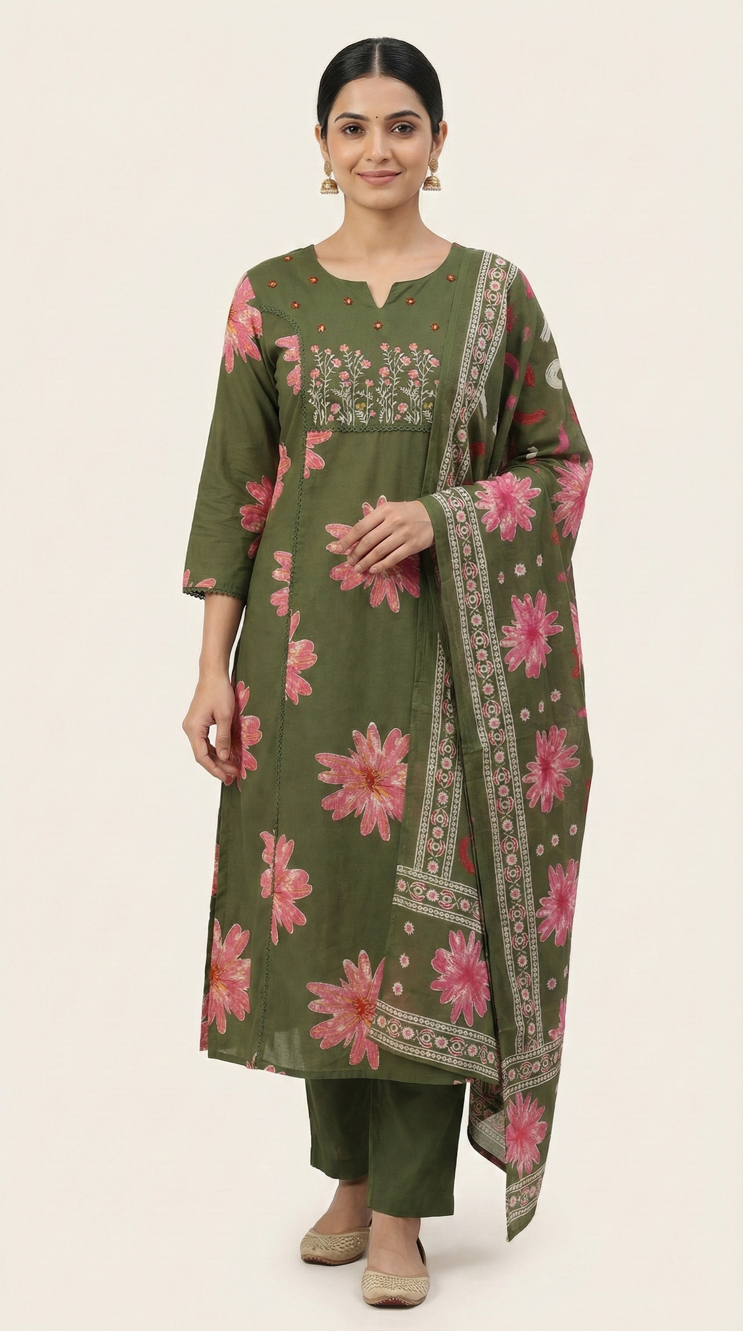 Olive Green Floral Print Pure Cotton Kurta Set with Embroidered Neck & Dupatta – 3 Piece Ethnic Wear