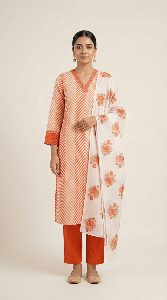 Chevron A-Line Cotton Kurta Set with Printed Dupatta