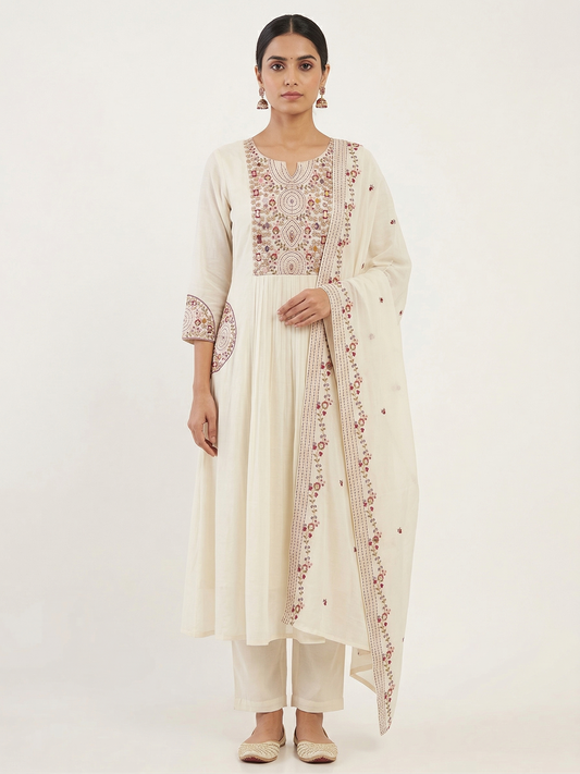 Ivory Mul Chanderi A-Line Kurta Set with Intricate Thread Work & Embroidered Dupatta – 3 Piece Ethnic Wear