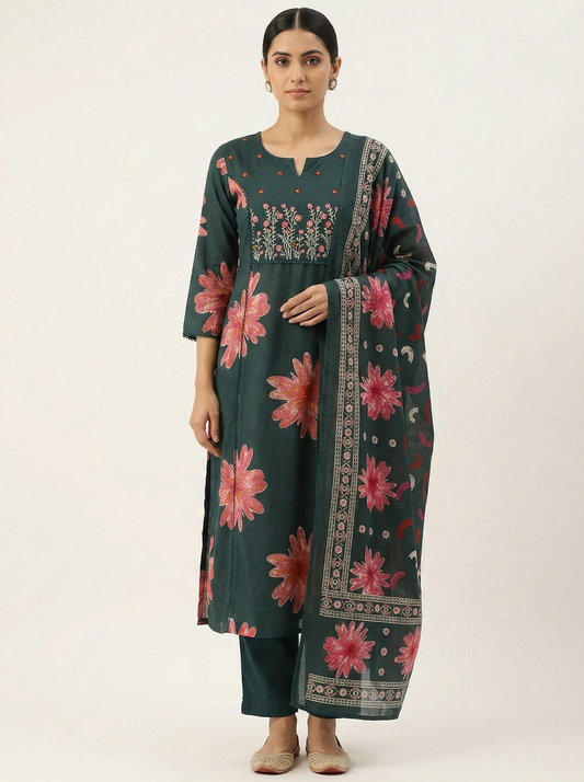 Dark Green Floral Print Pure Cotton Kurta Set with Embroidered Neck & Dupatta – 3 Piece Ethnic Wear