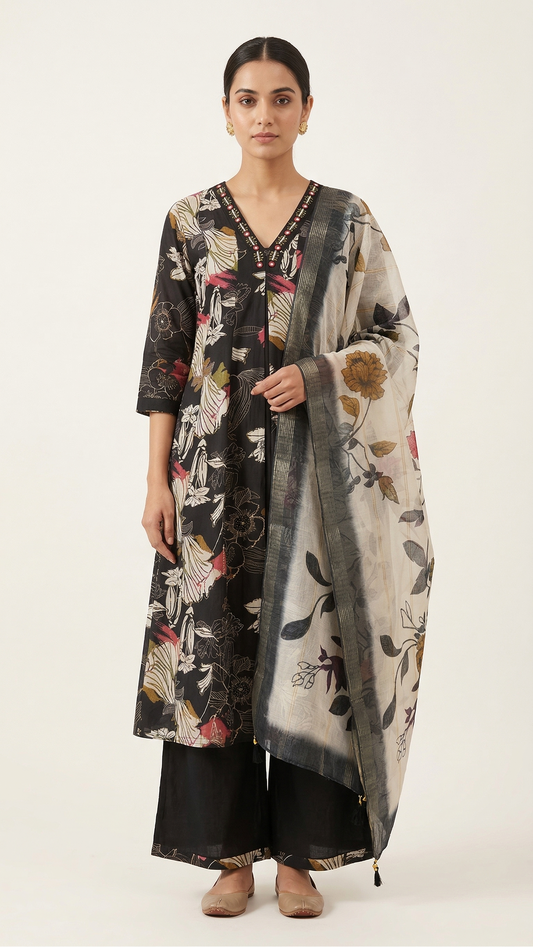 Black Floral Digital Print Kurta Set with V-Neck Handwork & Organza Dupatta – A-Line 3 Piece Set