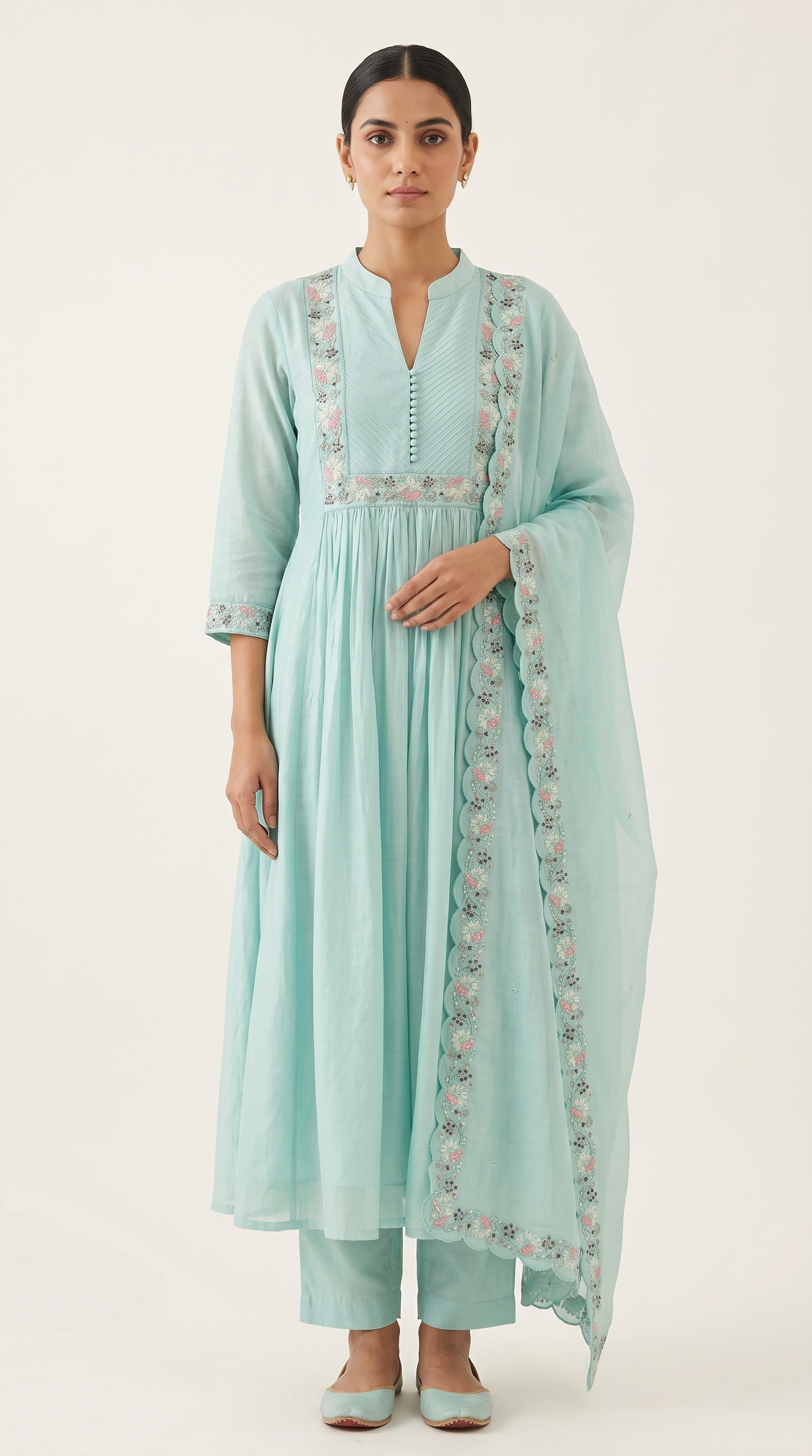 Mint Green Mul Chanderi A-Line Kurta Set with Cutwork Dupatta – 3 Piece Set