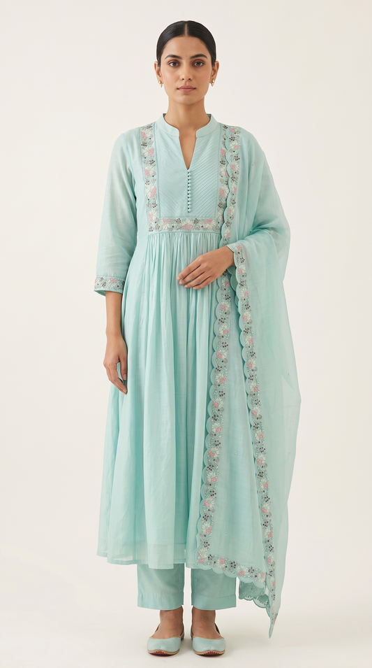 Mint Green Mul Chanderi A-Line Kurta Set with Cutwork Dupatta – 3 Piece Set