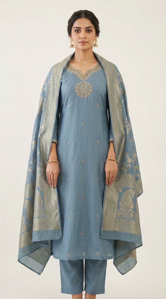 Dusty Blue Mul Chanderi Silk Kurta Set with Handwork Embroidery & Banarasi Dupatta – Designer Festive Wear for Women