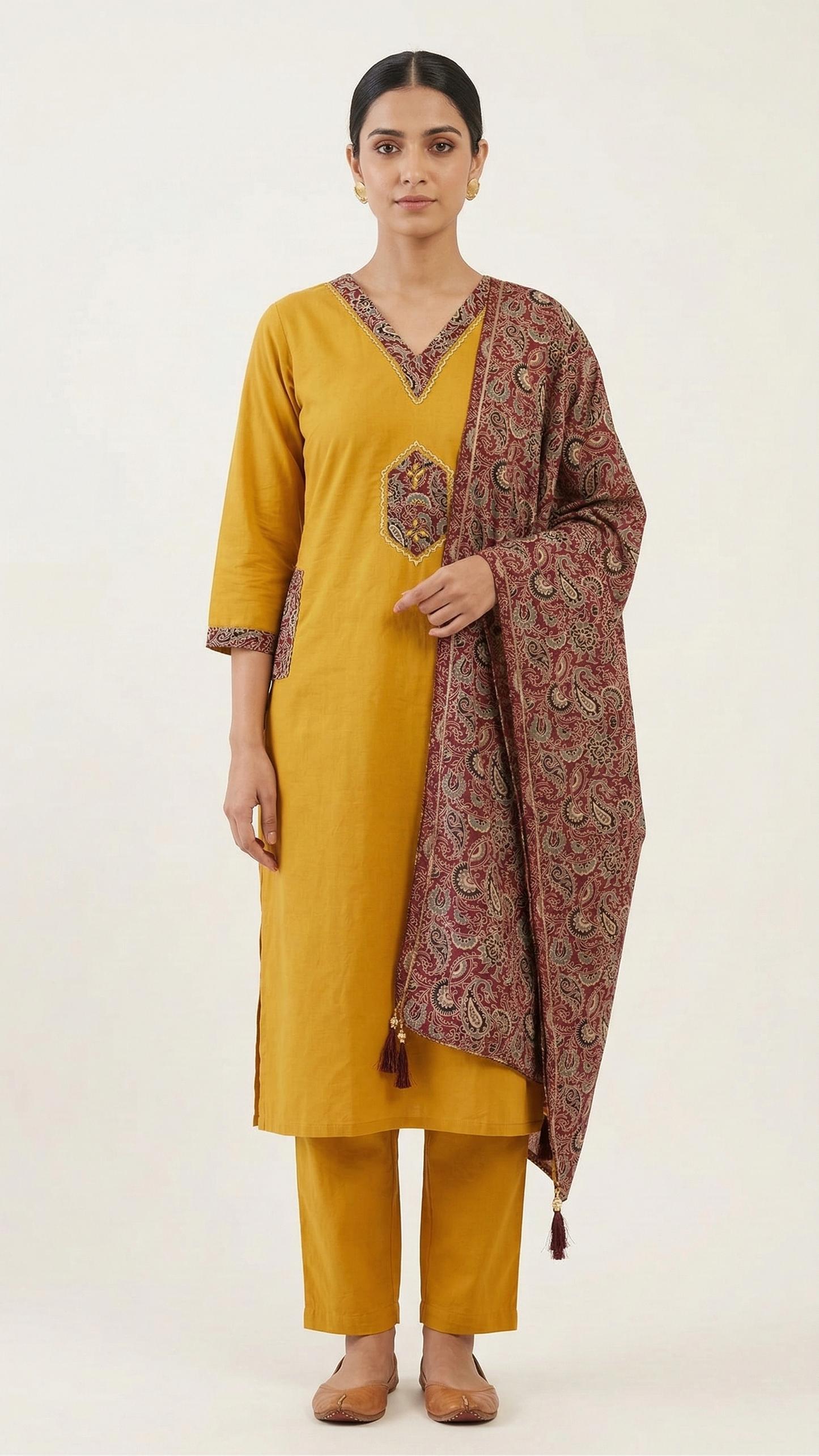 Mustard Cotton A-Line Kurta Set with Pocket & Ajrak Print Dupatta – 3 Piece Ethnic Wear