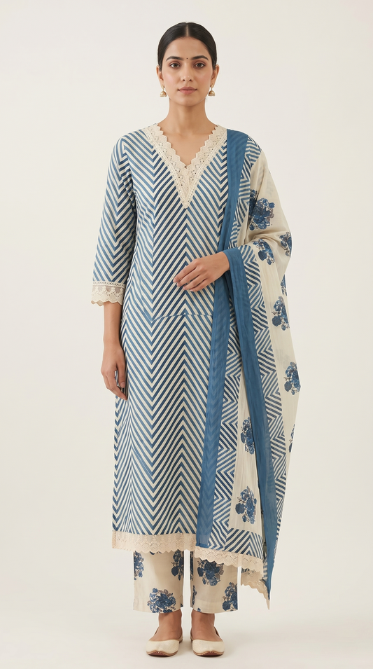 Blue Lehriya Print Cotton Kurta Set with Floral Dupatta – 3 Piece Set