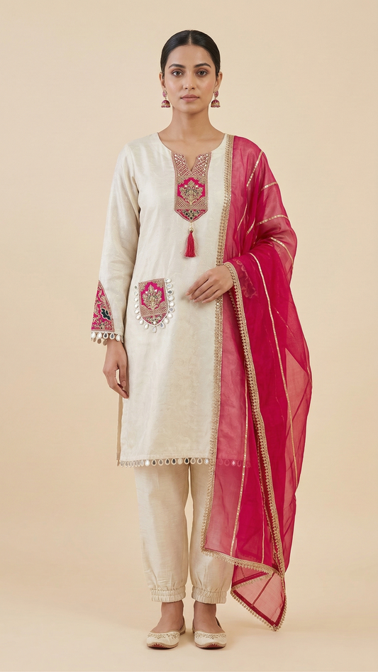 Ivory Jacquard Kurta Set with Patch Work & Organza Gota Dupatta – 3 Piece Festive Ethnic Wear