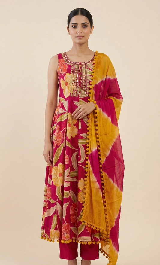 Pink Floral Sleeveless Anarkali Kurta Set with Tie-Dye Chiffon Dupatta – 3 Piece Set