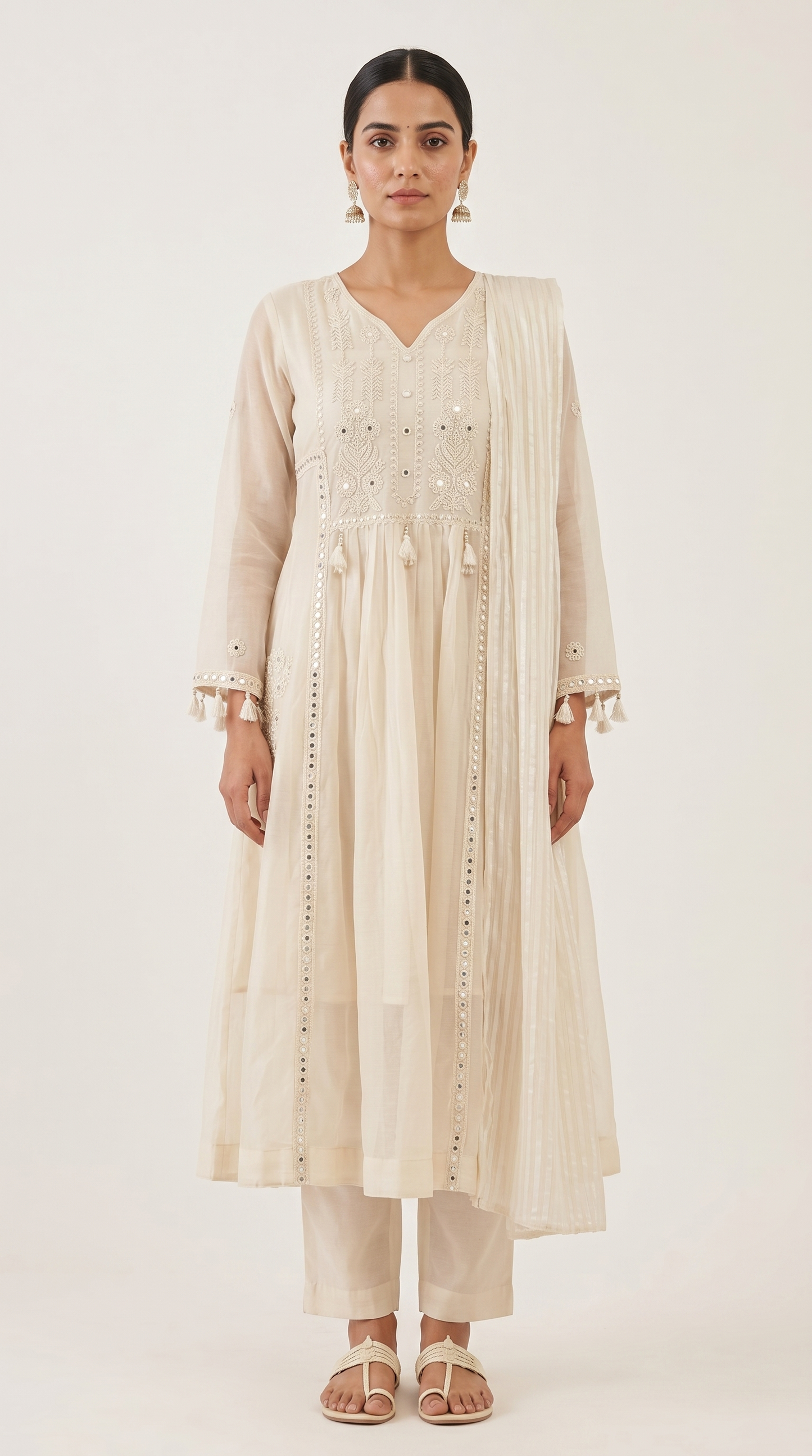 Off White Mul Cotton Anarkali Kurta Set with Mirror & Thread Work – 3 Piece Set