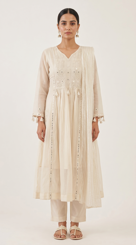 Off White Mul Cotton Anarkali Kurta Set with Mirror & Thread Work – 3 Piece Set