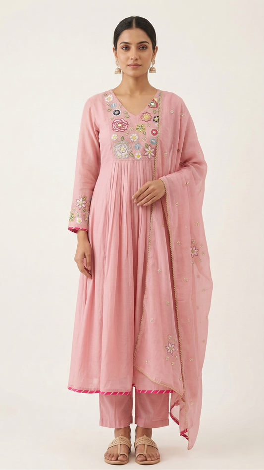 Blush Pink Mul Chanderi A-Line Kurta Set with Floral Thread Work & Embroidered Dupatta – 3 Piece Ethnic Wear