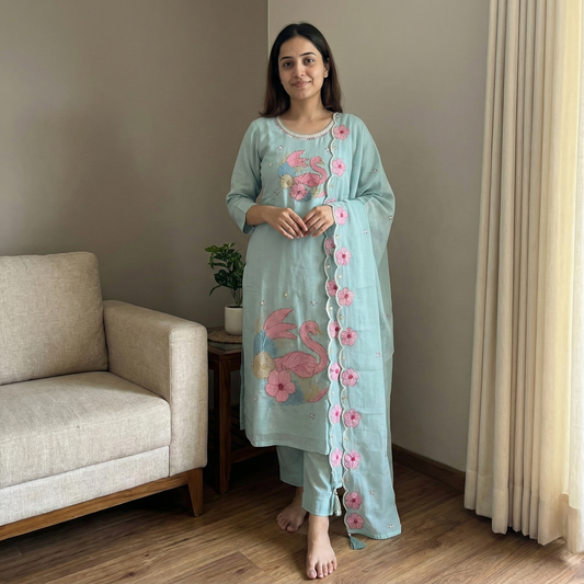 Aqua Swan Embroidered Mul Chanderi Set | Thread & Cut Dana Work | 3-Piece Festive Suit