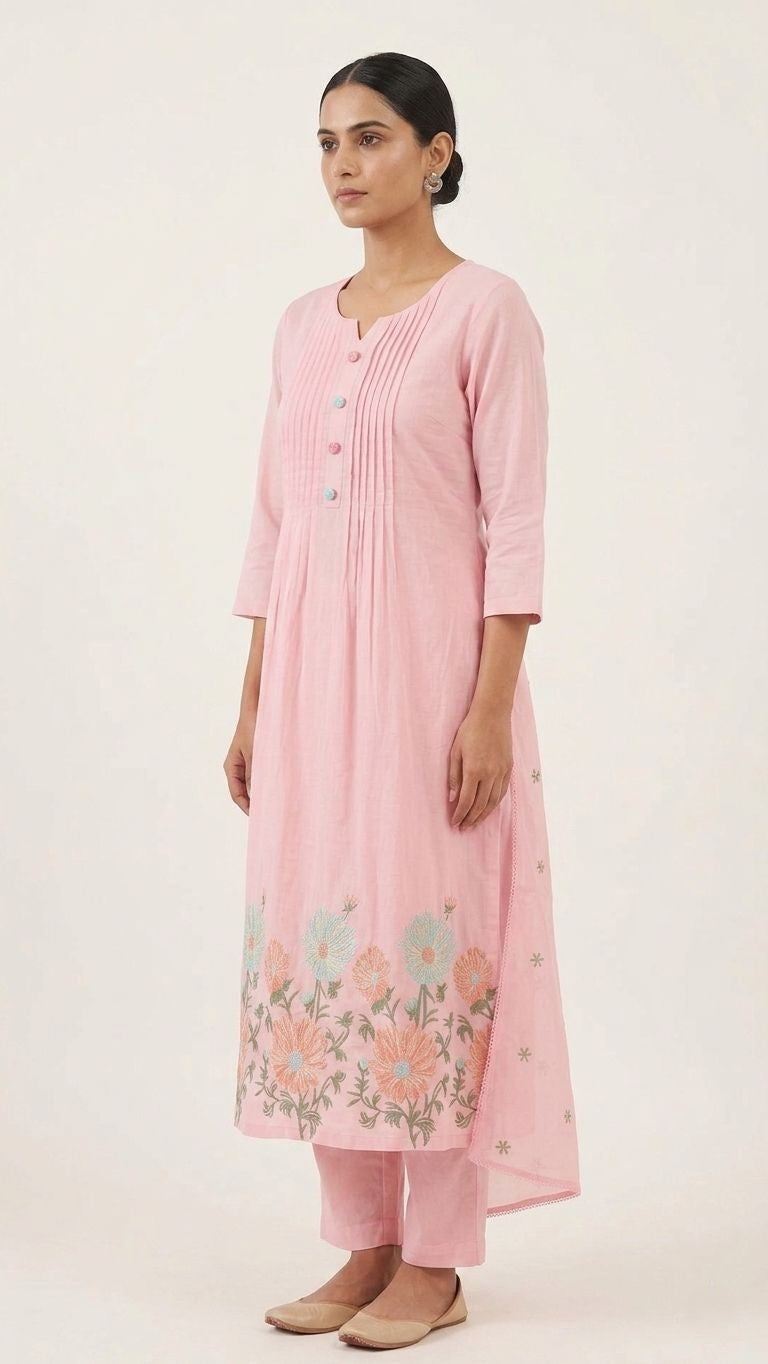 Blush Pink Mul Chanderi A-Line Kurta Set with Embroidery – 3 Piece Set