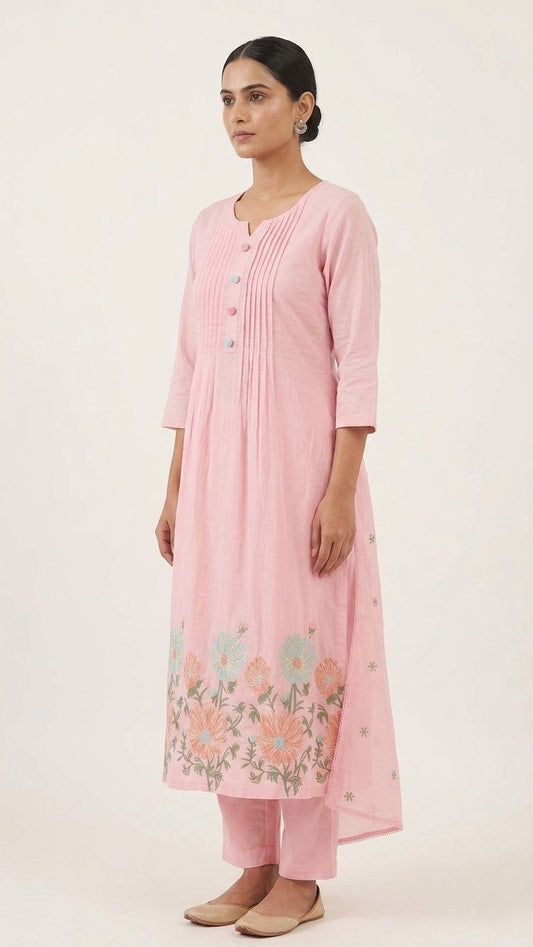 Blush Pink Mul Chanderi A-Line Kurta Set with Embroidery – 3 Piece Set